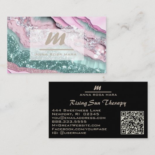 *~* MINT ROZE QR Marmeren Glam Luxe Initiaal AP66 Visitekaartje (Voorkant / Achterkant)
