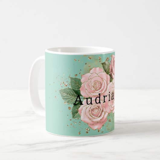 Mint Roze Rose Bloemen Goud Glitter Koffiemok (Voorkant links)