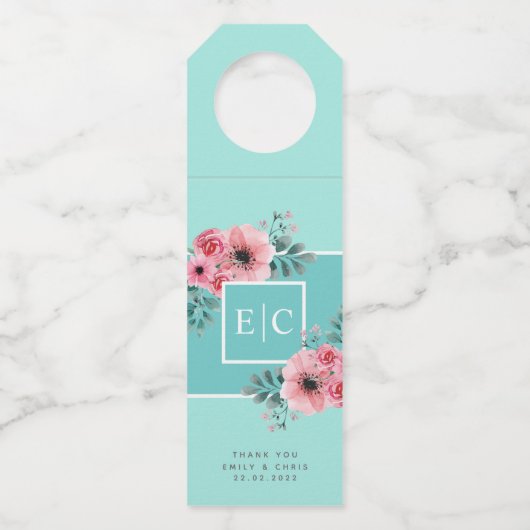 Mint & Roze | Waterverf bloemen Monogram bruiloft Flessenhanger (Voorkant)