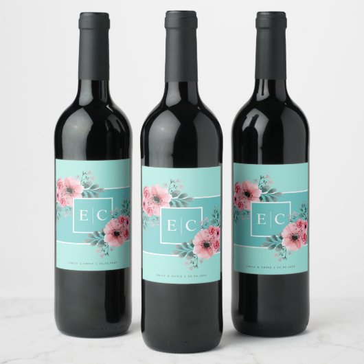 Mint & Roze | Waterverf bloemen Monogram bruiloft Wijn Etiket (Flessen)