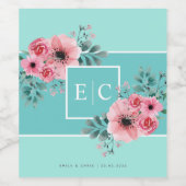 Mint & Roze | Waterverf bloemen Monogram bruiloft Wijn Etiket (Enkel label)