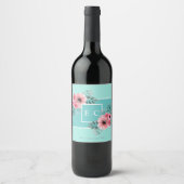 Mint & Roze | Waterverf bloemen Monogram bruiloft Wijn Etiket (Voorkant)