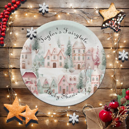 Mint Roze Waterverf Winter Sprookje Baby shower Papieren Bordje