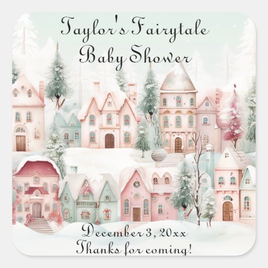 Mint Roze Waterverf Winter Sprookje Baby shower Vierkante Sticker (Voorkant)