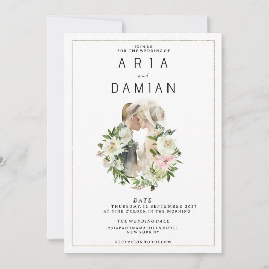 Mint roze wit bloemenpaar foto Bruiloft Kaart (Voorkant)