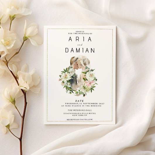 Mint roze wit bloemenpaar foto Bruiloft Kaart