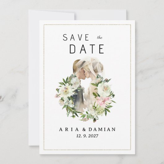 Mint roze wit bloemenpaar foto Save the Date Kaart (Voorkant)