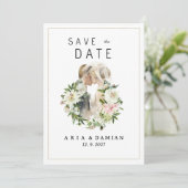 Mint roze wit bloemenpaar foto Save the Date Kaart (Staand voorkant)