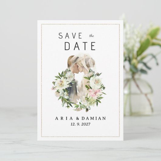 Mint roze wit bloemenpaar foto Save the Date Kaart (Staand voorkant)