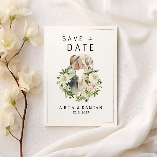 Mint roze wit bloemenpaar foto Save the Date Kaart