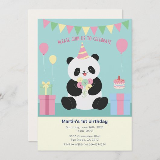 Mint & Roze zoete Panda ontwerp Kaart (Voorkant / Achterkant)