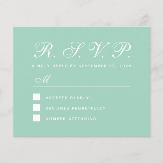Mint RSVP Budget Green Wedding Response Kaart (Voorkant)