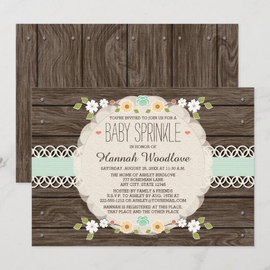 MINT RUSTIC FLORAL BOHO BABY SPRINKLE INVITATIE KAART (Voorkant / Achterkant)