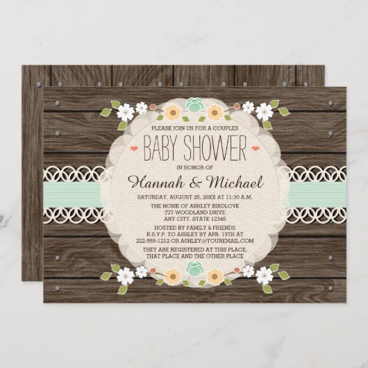 MINT RUSTIC FLORAL BOHO KOPPELT BABY SHOWER INVITE KAART (Voorkant / Achterkant)