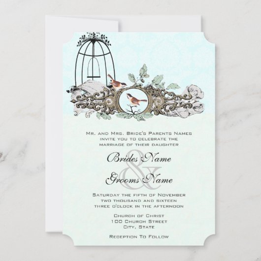 Mint Rustic Romantic Love Bird Birdcage Kaart (Achterkant)