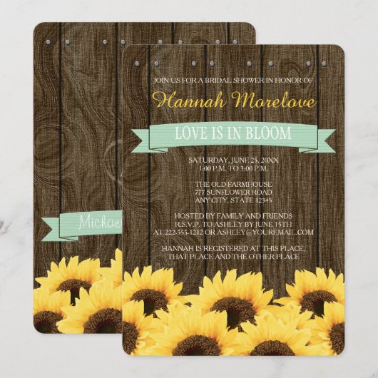 MINT RUSTIC SUNFLOWER BRIDAL SHOWER INVITATION KAART (Voorkant / Achterkant)