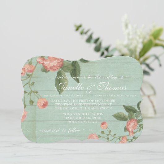 Mint Rustiek Elegant Hout Perzik Blush Rozen Kaart (Staand voorkant)