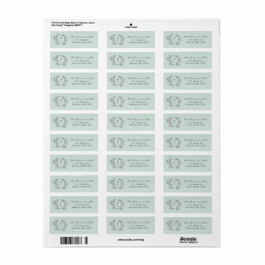 Mint rustieke Monogram krans retour adres label (Full Sheet)