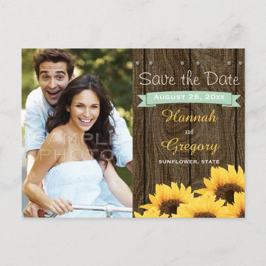 MINT RUSTIEKE ZONNEBLOEM SAVE THE DATE BRIEFKAART (Voorkant)
