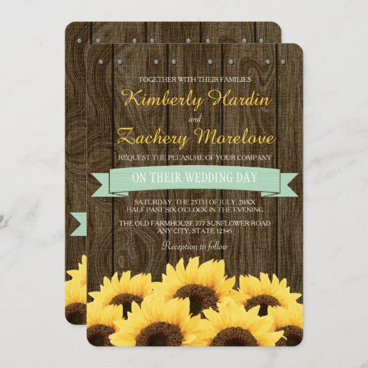 MINT RUSTISCHE ZONLOWER WEDDING INVITATION KAART (Voorkant / Achterkant)