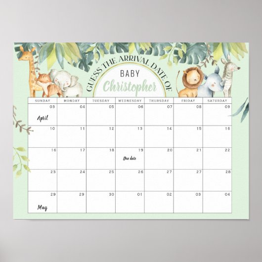 Mint safari een leuk oerwoud baby shower kalender poster (Voorkant)