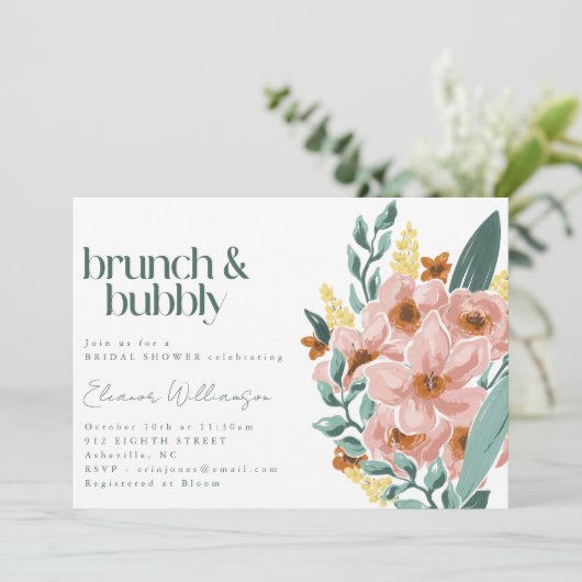 Mint Sage Blush Roze Bloemen Brunch Bubble Kaart (Staand voorkant)