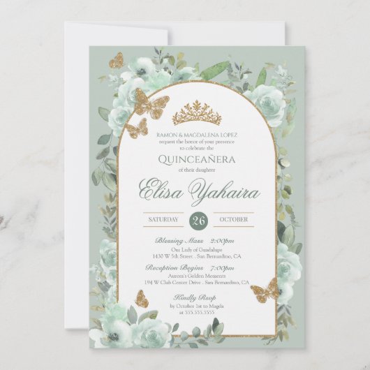 Mint Sage Groene Waterverf Vlinder Quinceanera Kaart (Voorkant)