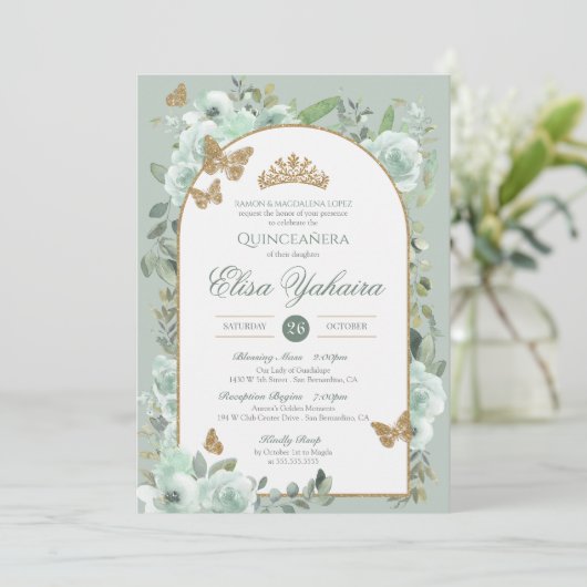 Mint Sage Groene Waterverf Vlinder Quinceanera Kaart (Staand voorkant)