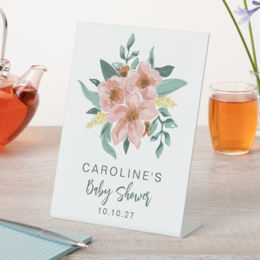  Mint Sage Roze Bloemen Custom Baby shower Reclamebord Met Voetstuk (Insitu)