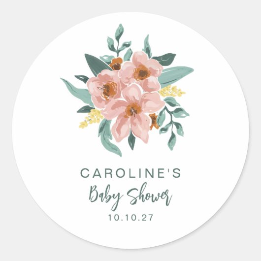  Mint Sage Roze Bloemen Custom Baby shower Ronde Sticker (Voorkant)