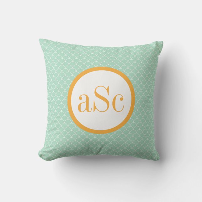 Mint Scallop en Gold Monogram Pillow Kussen (Voorkant)