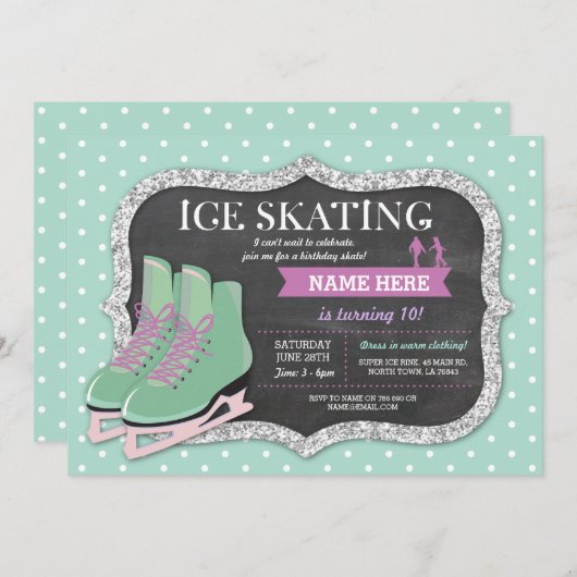 Mint schaatsen verjaardagsfeestje Rink Schaats Uit Kaart (Voorkant / Achterkant)
