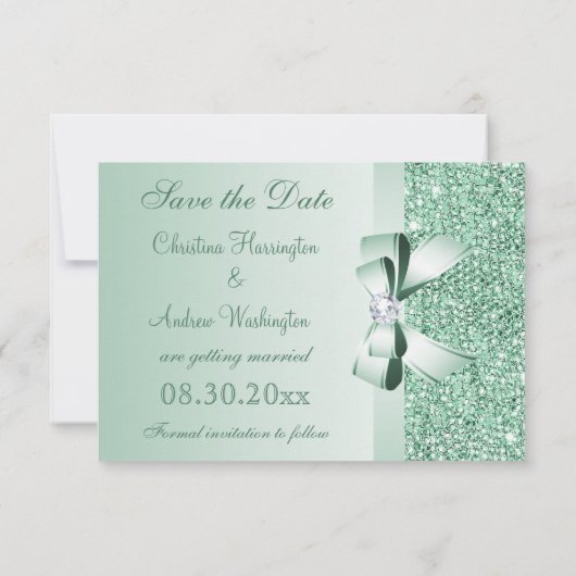 Mint Sequins, Bow & Diamond Save the Date Wedding (Achterkant)