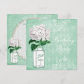 Mint Shabby Chic Jar & Hydrangea Birthday Party Kaart (Voorkant / Achterkant)