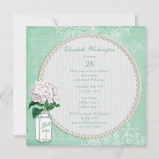Mint Shabby Chic Jar & Hydrangea Birthday Party Kaart (Achterkant)