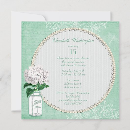 Mint Shabby Chic Mason Jar & Hydrangea Quinceanera Kaart (Achterkant)