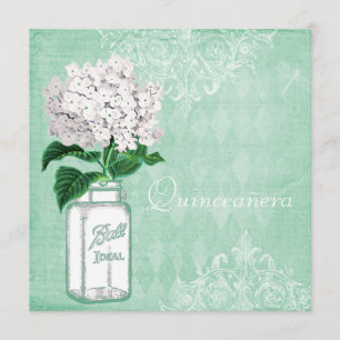 Mint Shabby Chic Mason Jar & Hydrangea Quinceanera Kaart