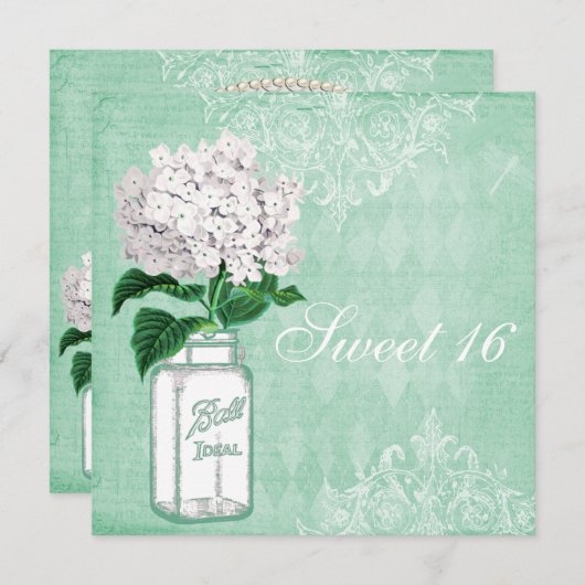 Mint Shabby Chic Mason Jar & Hydrangea Sweet 16 Kaart (Voorkant / Achterkant)