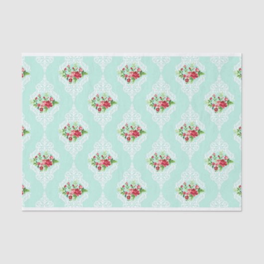 Mint Shabby Chic Retro Bloemen Decoupage Tissuepapier (Voorkant)