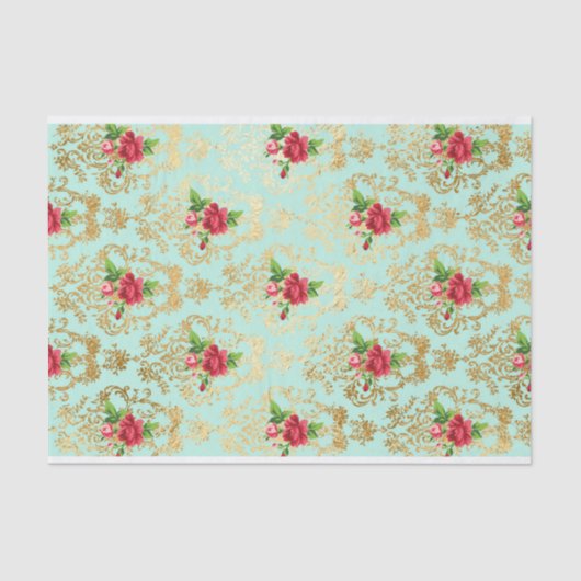 Mint Shabby Chic Retro Gouden Kant Bloemen Decoupa Tissuepapier (Voorkant)