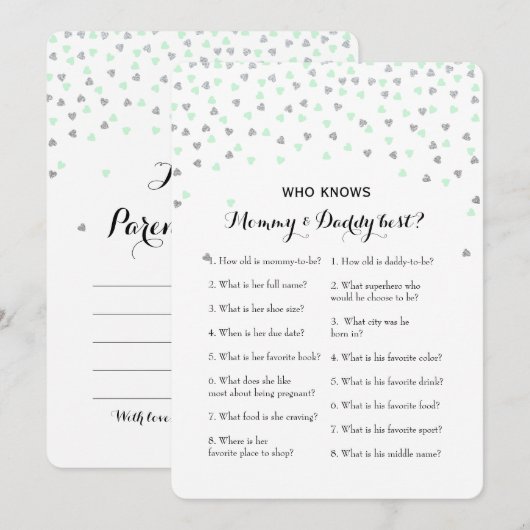 Mint Silver 2x Baby shower Game - Advies | Wie ken Kaart (Voorkant / Achterkant)