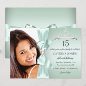 Mint Silver Diamond Bow & Tiara Quinceanera Invite Kaart (Voorkant / Achterkant)