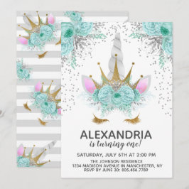 Mint, Silver & Gold Unicorn Princess Birthday Kaart