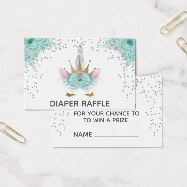 Mint, Silver & Gold Unicorn Princess Diaper Raffle Visitekaartje (Kantoor)