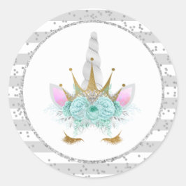Mint, Silver & Gold Unicorn Princess Ronde Sticker