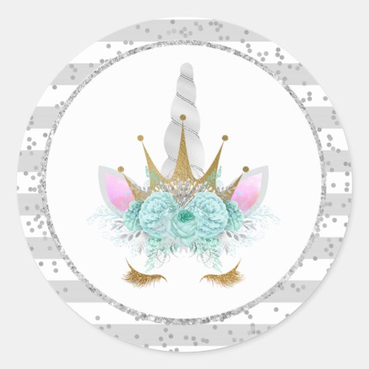 Mint, Silver & Gold Unicorn Princess Ronde Sticker (Voorkant)