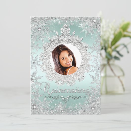 Mint Silver Tiara Snowflake Sparkle Quinceanera Kaart (Staand voorkant)