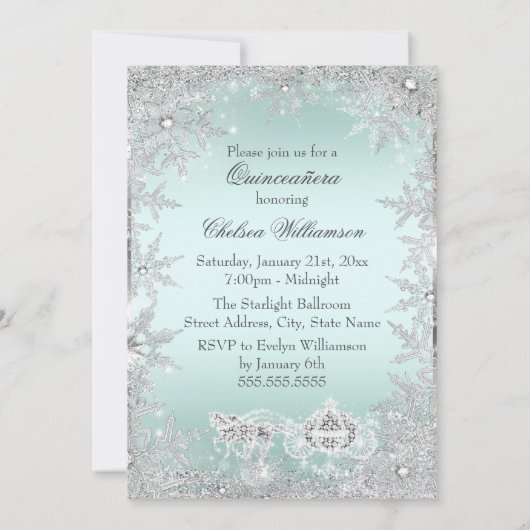 Mint Silver Tiara Snowflake Sparkle Quinceanera Kaart (Achterkant)