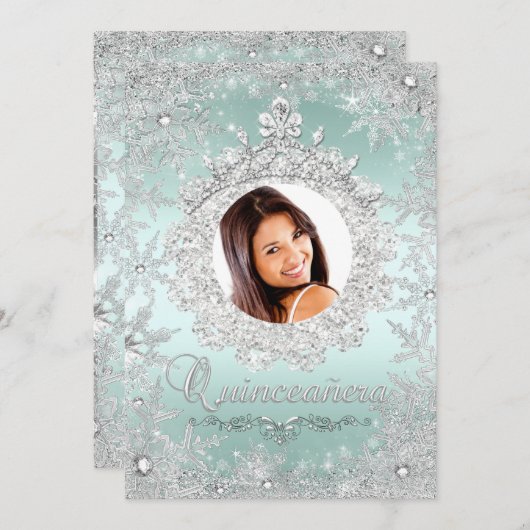 Mint Silver Tiara Snowflake Sparkle Quinceanera Kaart (Voorkant / Achterkant)