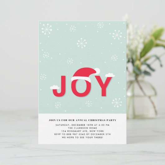 Mint Sneeuw Vreugde Vakantie Party Uitnodiging (Staand voorkant)